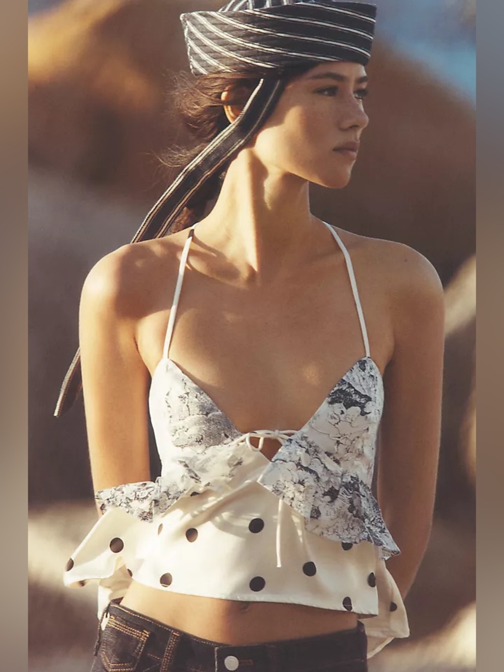 En Saison White Floral & Black Polka Dot Satin Bandeau Cami